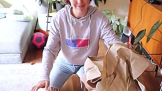 Cute furry dark-haired plays solo in underwear