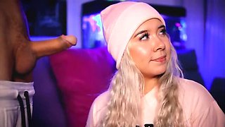 Blond bombshell Invites Neighbor for a Live Cock-Sucking Show