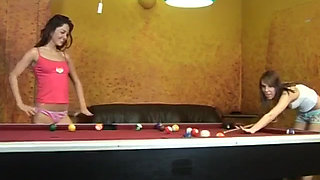 Tess and Kim on the Pool Table