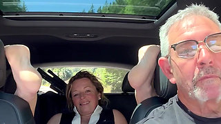Wife Rubs Out Multiple Orgasms, Road Trip, Back Seat, Teasing Her Man