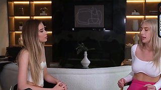 Smiling platinum-blonde nymph likes some girl-on-girl vag