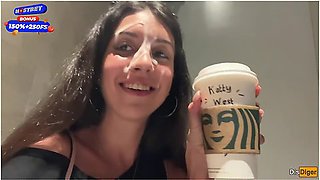 Katty West In Blowjob In A Public Toilet Starbucks And Cumwalk - She Drinks Coffee With Cum On Face Among People