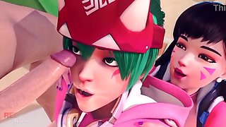 D.va and Kiriko Hentai Threesome - Hot Anime Sex with Big Tits, Doggystyle & Cum in Mouth