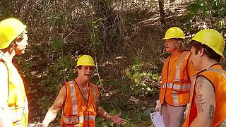 Small boobies babe getting gang-fucked by workers