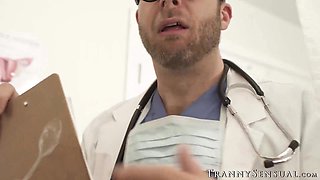 Bearded doctor receives ass piercing from big boob shemale Kasey Kei