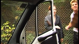 Sexy girl gets fucked after blowjob inside the delivery van
