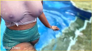 Hot Milf Wifey Flashes Her Big Braless Tits in Pool - Outdoor Public Nudity