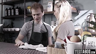 Blond hair babe barista fucks cheating BF in cafe