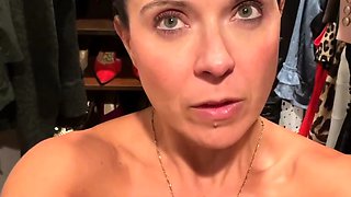 Busty curly brunette with big boobs fucks on couch