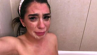 Small titted brunette teen fingering on the bed