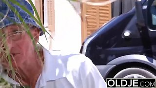 Old Man Catches Young Girlfriend Sucking His Cock Then Double Penetrates Her