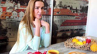 Small tit brunette gives a POV blowjob