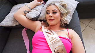 Busty blonde PAWG slut gets worked on the couch in POV