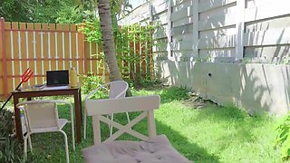 Watch a seductive petite girlfriend tease in the backyard with a hot outdoor fuck