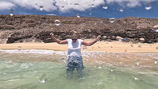 Girl Wetting Jeans in the Ocean and Swimming in Wet White T-shirt