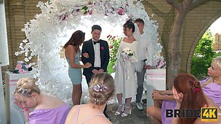 Hot bride has a wild public sex on her wedding ceremony. Watch her suck her future husband's cock and get railed doggystyle