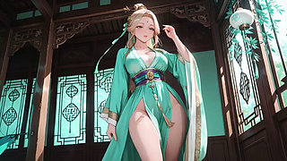 The Lazy Secret Under the Teal Robe, Sunlit Bathroom She Lies Sideways Gazing at You, Fingertips Touching Tender Breasts.