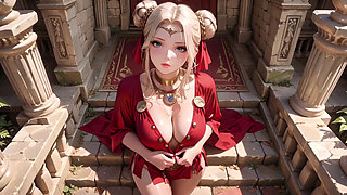 Blonde Goddess in Red! Forbidden Gaze in the Ancient Corridor, Deep V & High Slit teasing you.