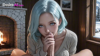 3D Blue-Haired Babe Spreads on Furs, Firelight Melting Cold Skin AI Generated