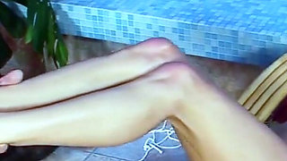 Sexy blonde skinny teen gives stranger a hot footjob