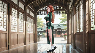 Red Hair & Emerald Qipao! Lazy Seduction in the Eastern Courtyard