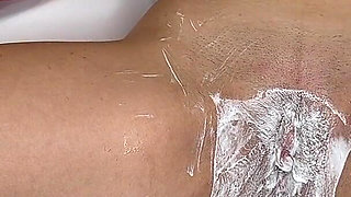 Shaving a Very Hairy Pussy with a Trimmer and a Razor! Model with Natural Tits!