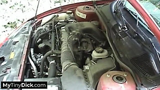 Small dick guy getting an outdoor blowjob from a horny blonde