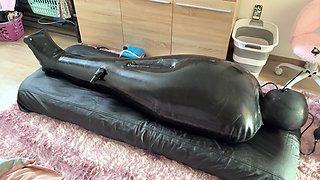 Wife Punishes Her Slave in Full-body-inflate Latex Bag - Estim - Restricted Breathing - Bagged