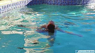 Hot Long Haired Ginger MILF Taking a Dip and Fucking in Outdoor Pool