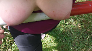 Hanging Tits Get Slapped Hard Outdoors