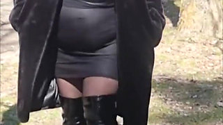Julie Walking Through a Car Park Wearing Fur Coat, See Her Bound Tits Sticking Out