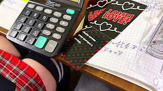 High Schoolgirl Stroking Him off in Math Class Under the Table. at College