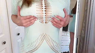 Sheer tight dress whimsy showing off big natural mature MILF tits
