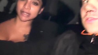 My busty wife gets horny in the car and gives me a blowjob