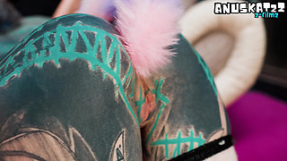 FEMDOM CATPLAY dominatrix playing WITH TATTOOED cosplayer with BUTT PLUG