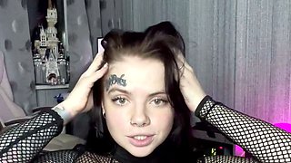 Busty curly brunette with big boobs fucks on couch