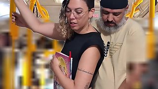 Young whore student gets fucked by an older guy right on the bus in public