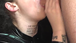 Tattooed Babe Deepthroating a Group of Hard Dicks