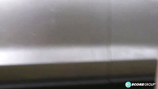 Big-boobed soloing brunette Vee VonSweets plays with her shaved pussy