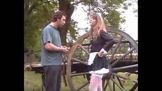 French maid in stockings fucks on a farm with huge cumshot