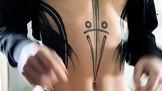 Horny blonde teen with huge boobs jerking off a lucky cock