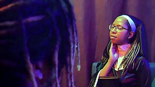 Ebony gal in a nun cosplay gives a stud a blowjob indoors
