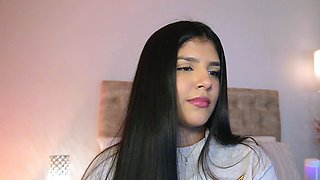 Busty curly brunette with big boobs fucks on couch