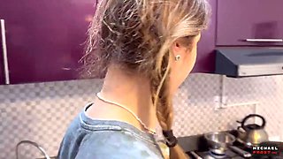 The flatmate-girl doesn't mind periodic fucking in the kitchen and gets cum in her mouth and on her pigtails