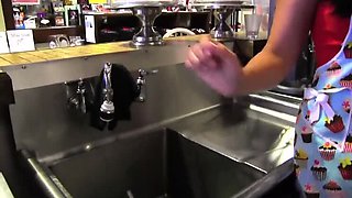 First Time Young Clerk Seduced By Lesbian Boss In Bakery - Hot Fingering & Pussy Eating Behind Counter