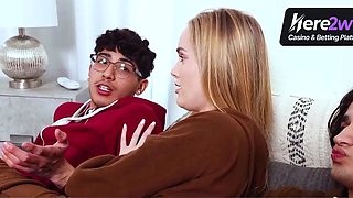 Two uber-cute blond sisters share a cock