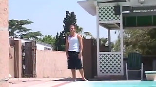 Blonde gives dude blowjob in pool then lowers her wet pussy onto his hard cock