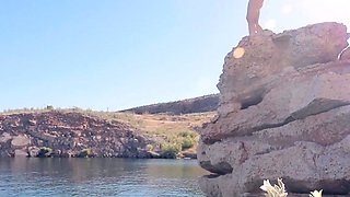 Naughty redhead Madelyn gives blowjob outdoors on POV