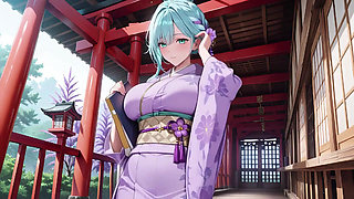 Purple Kimono Goddess! Can't Handle the Wetness Under the Red Torii Gate