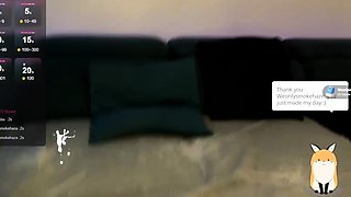 Busty curly brunette with big boobs fucks on couch